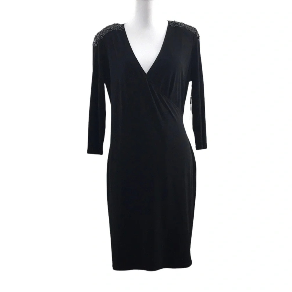 Calvin Klein Black Sequin Shoulder Sheath Dress Womens 8 3/4 Sleeve LBD